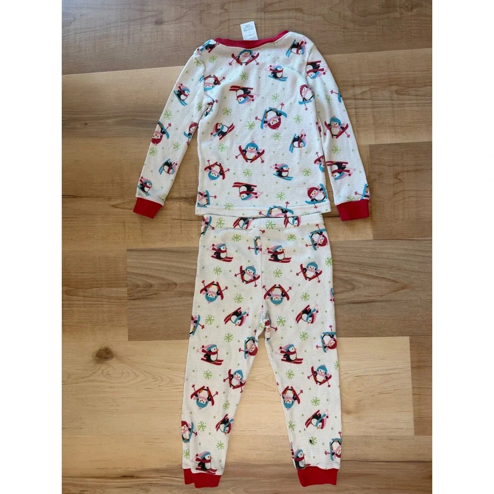 Wonder Kids 3T Pajama Set Waffle Knit Thermal Skiing Penguin White Red Winter